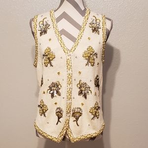 CLAUDIA D 1997 VINTAGE ORNATE BEADED SEQUIN PEARL COLOR SWEATER VEST SIZE S